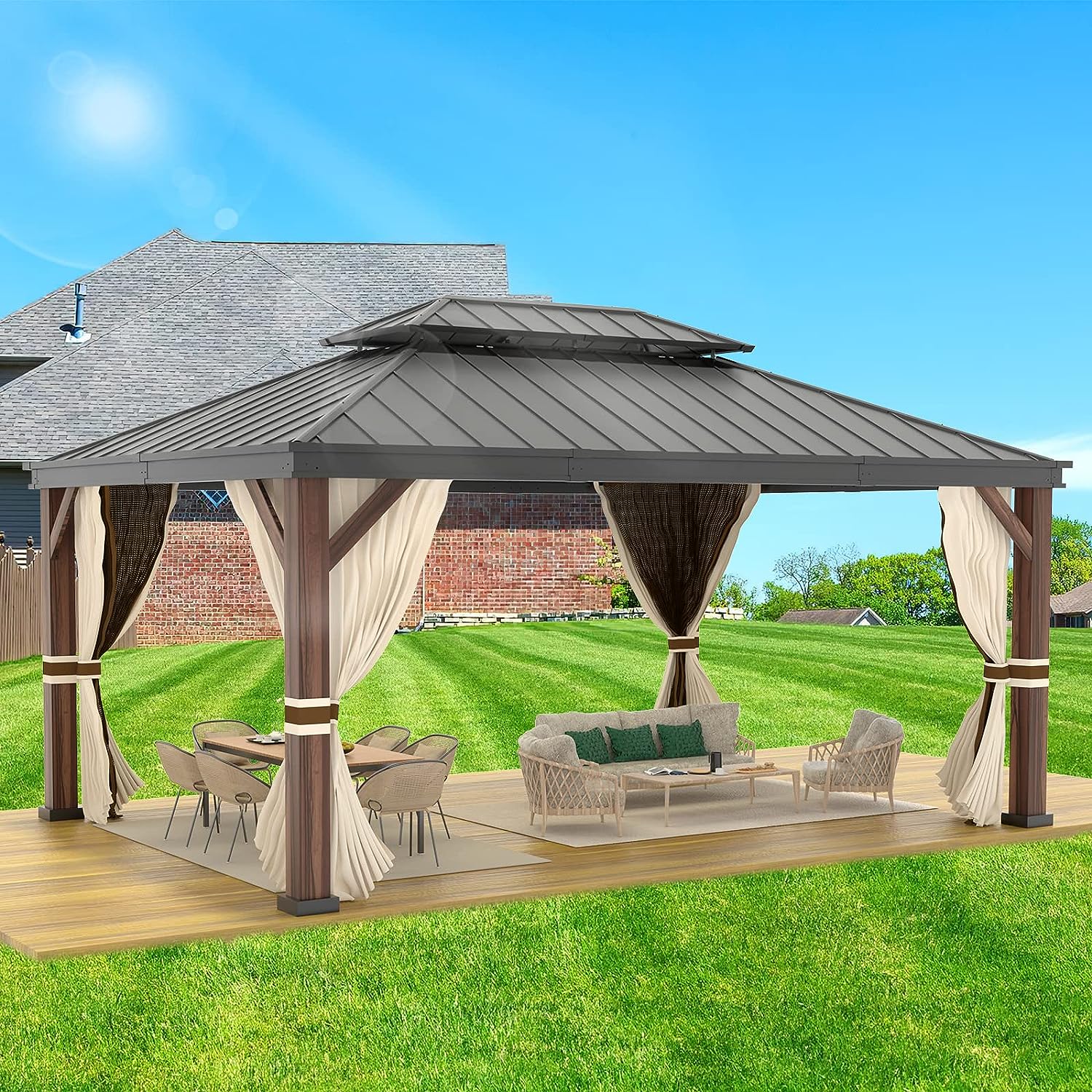 OLILAWN Gazebo 12x16, Hardtop Gazebo with Wood Finish Aluminum Frame