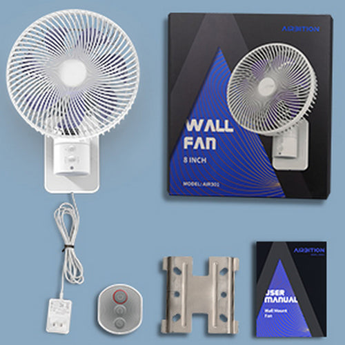 8” Small Wall Mount Fan with Remote Control, 90°Oscillating, 4 Speeds,