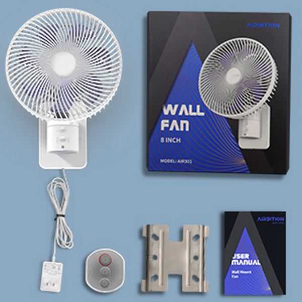 8” Small Wall Mount Fan with Remote Control, 90°Oscillating, 4 Speeds, Timer
