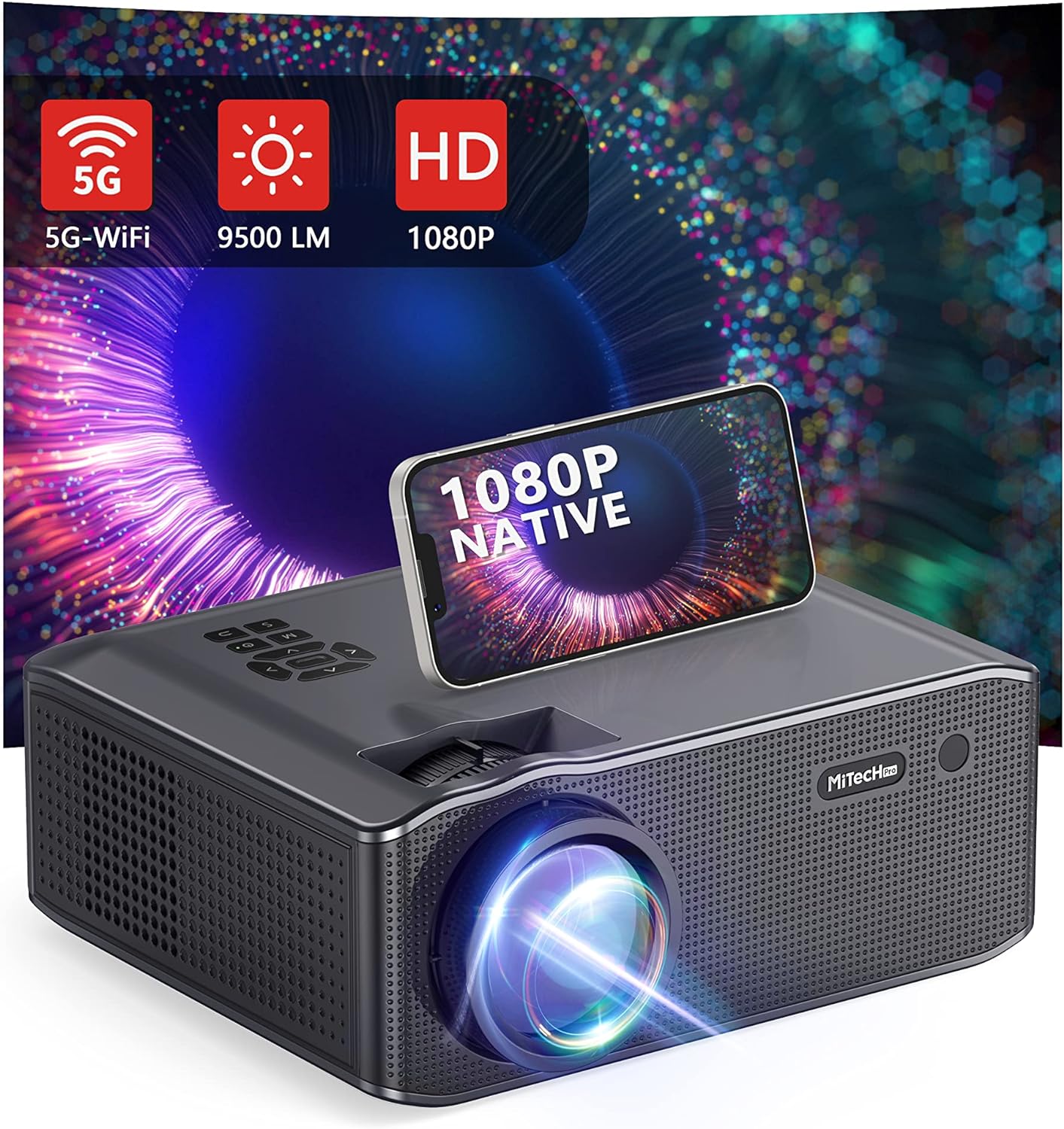 TaoTronics Projector 4K with WiFi and Bluetooth Supported, MiTecHPro 450 ANSI Portable Movie Projector, with Zoom Function and Timer Shutdown, FHD 1080P Outdoor Projector