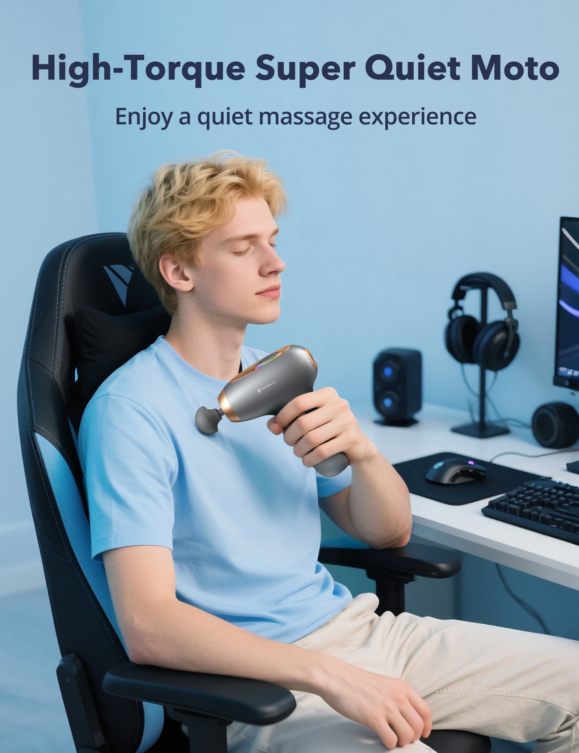 Massage Gun, Deep Tissue Percussion Muscle Massager Handheld Cordless Back Massager with 5 Speeds and 4 Heads(Gray) wm