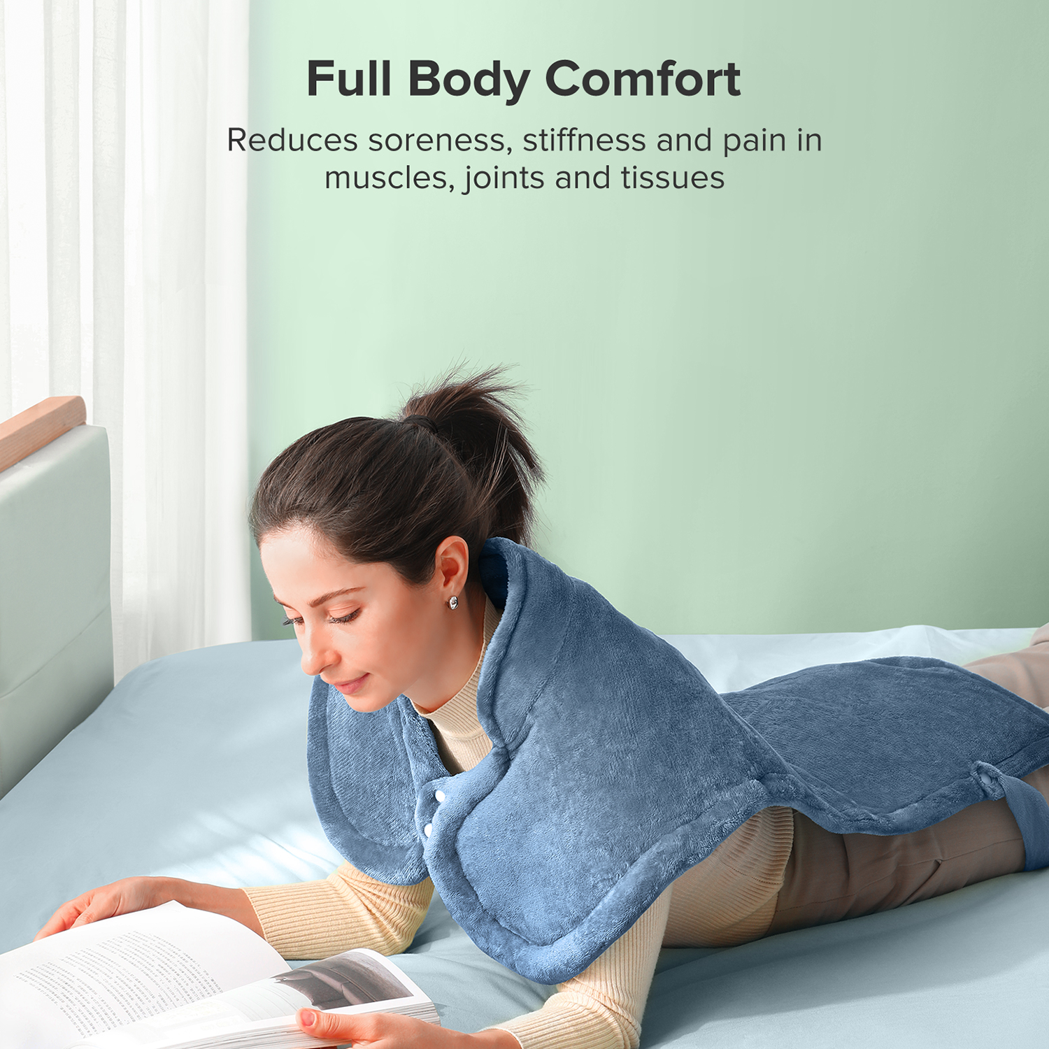 Heating Pad for Neck and Shoulders, 35” x 27” Extra Large Back Pain Relief Electric Heating Wrap, Dry & Moist Heat Therapy, 6 Temperature Settings, Machine Washable, 2 Hours Auto Shut-Off, Blue
