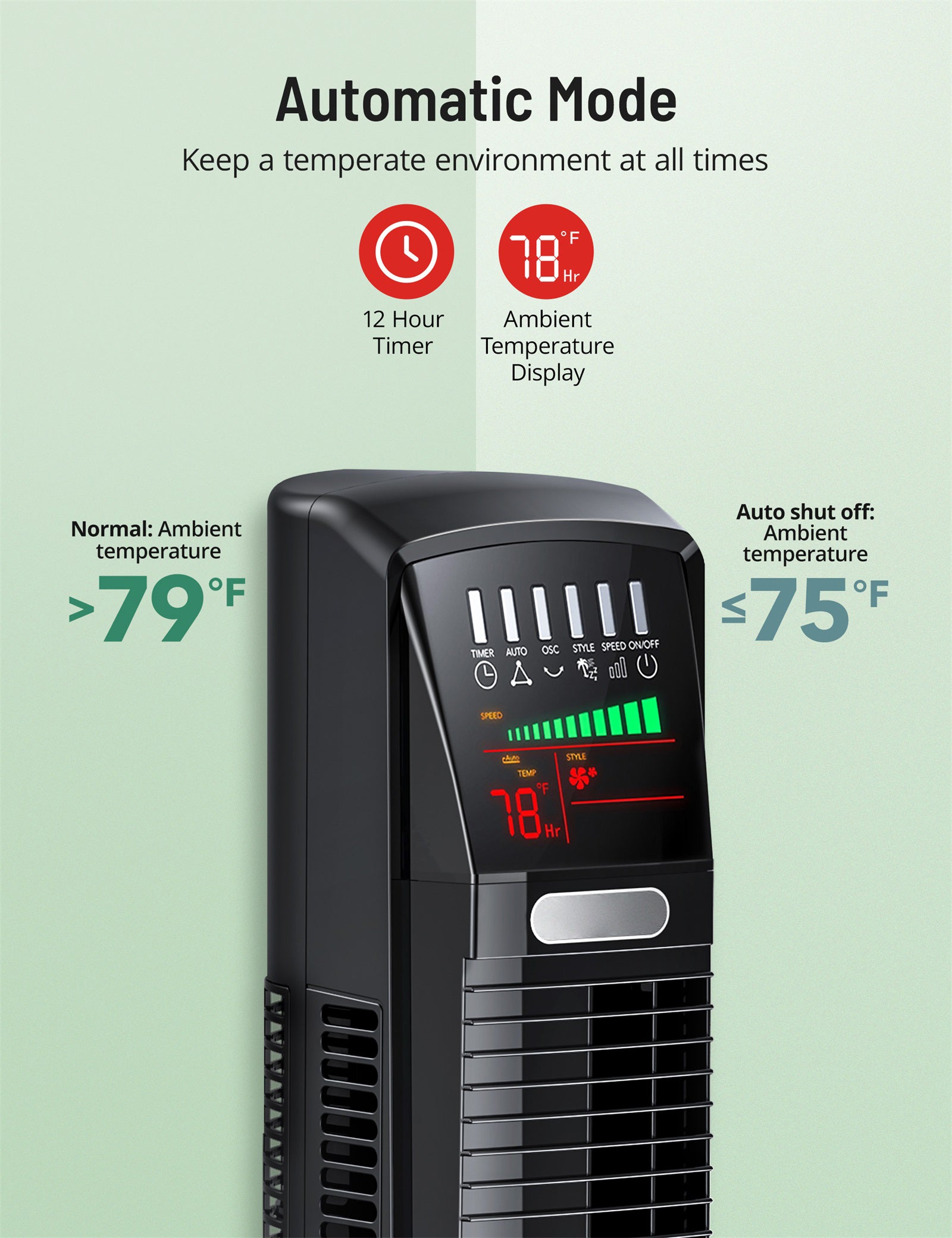 70° Oscillation Ambient Display Tower Fan