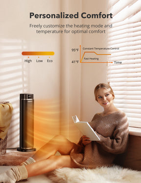 TaoTronics Space Heater, Ceramic Tower Heater with Eco Mode, Remote Control, 65° Oscillation, 12H Timer