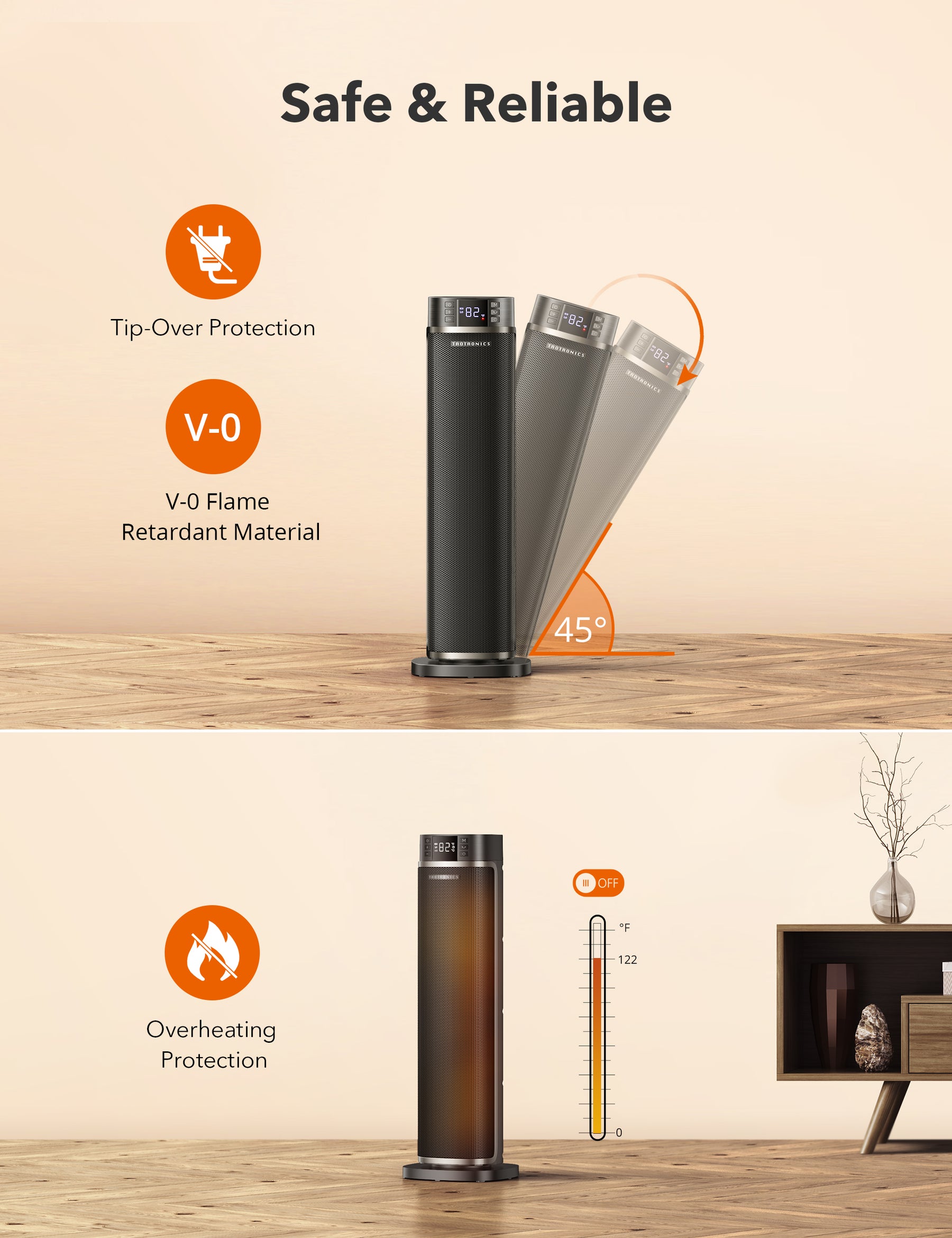 TaoTronics HE003 Space Heater, 24" Ceramic Tower Heater with Eco Mode, Remote Control, 65° Oscillation, 12H Timer