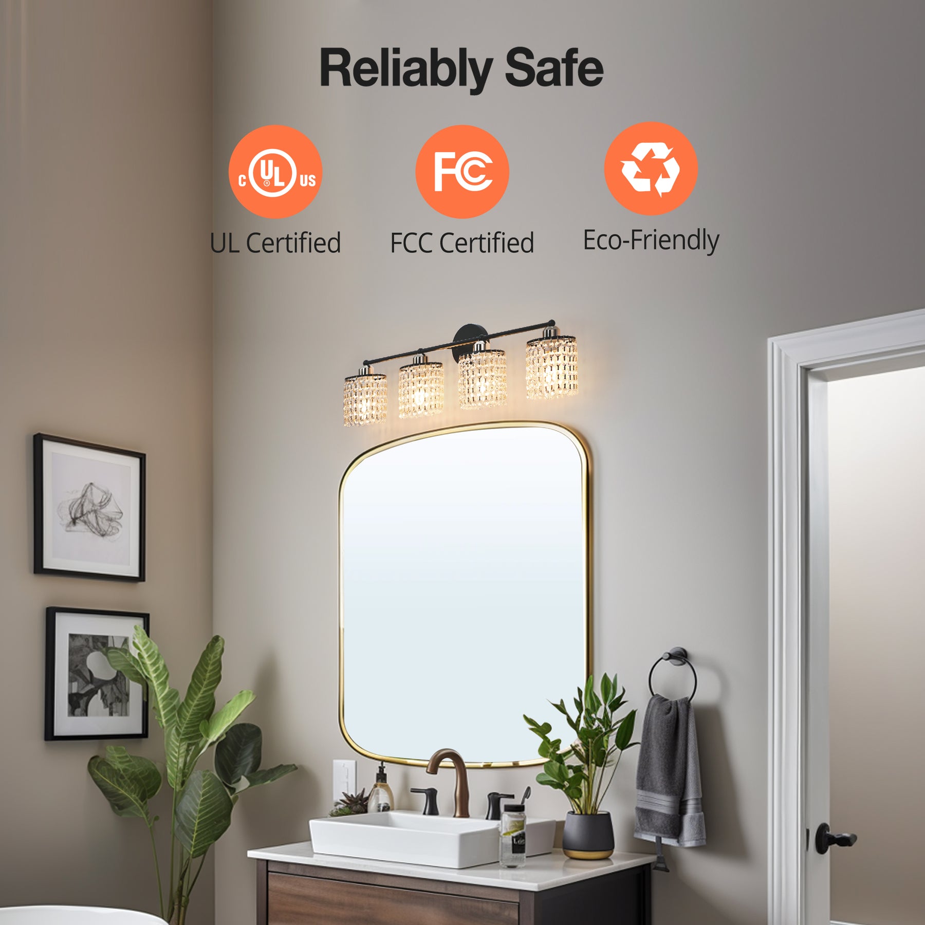 TaoTronics 4-Light Vanity Light, Bathroom Light Fixtures with Crystal Light Chain Bathroom Light Over Mirror