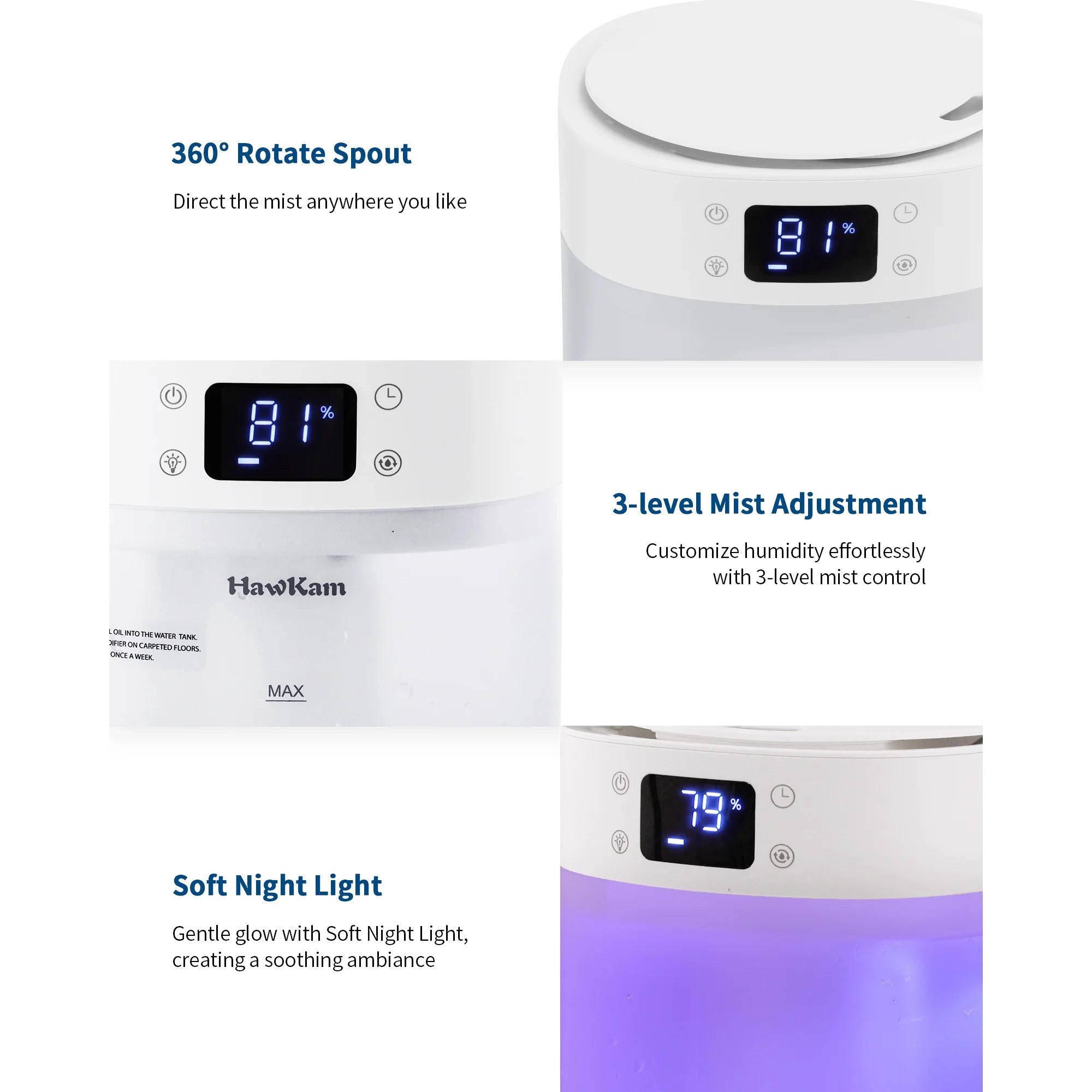 TaoTronics Humidifiers for Bedroom Home, (4L Water Tank) Top-filled Smart Quiet Cool Mist Humidifiers for Large Room, 360°Nozzle & Nightlight, 30H Runtime Air Humidifiers for Baby Nusery,Offices,Plants WM
