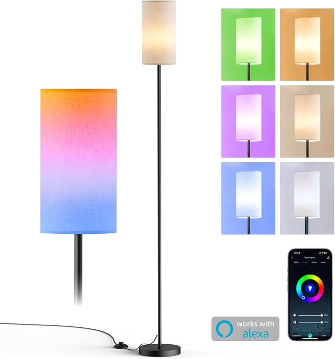 Smart RGB Floor Lamp 69", Dimmable Standing Lamp with Foot Switch, Alexa & App Control, Adjustable Brightness & Color Changing RGB Light