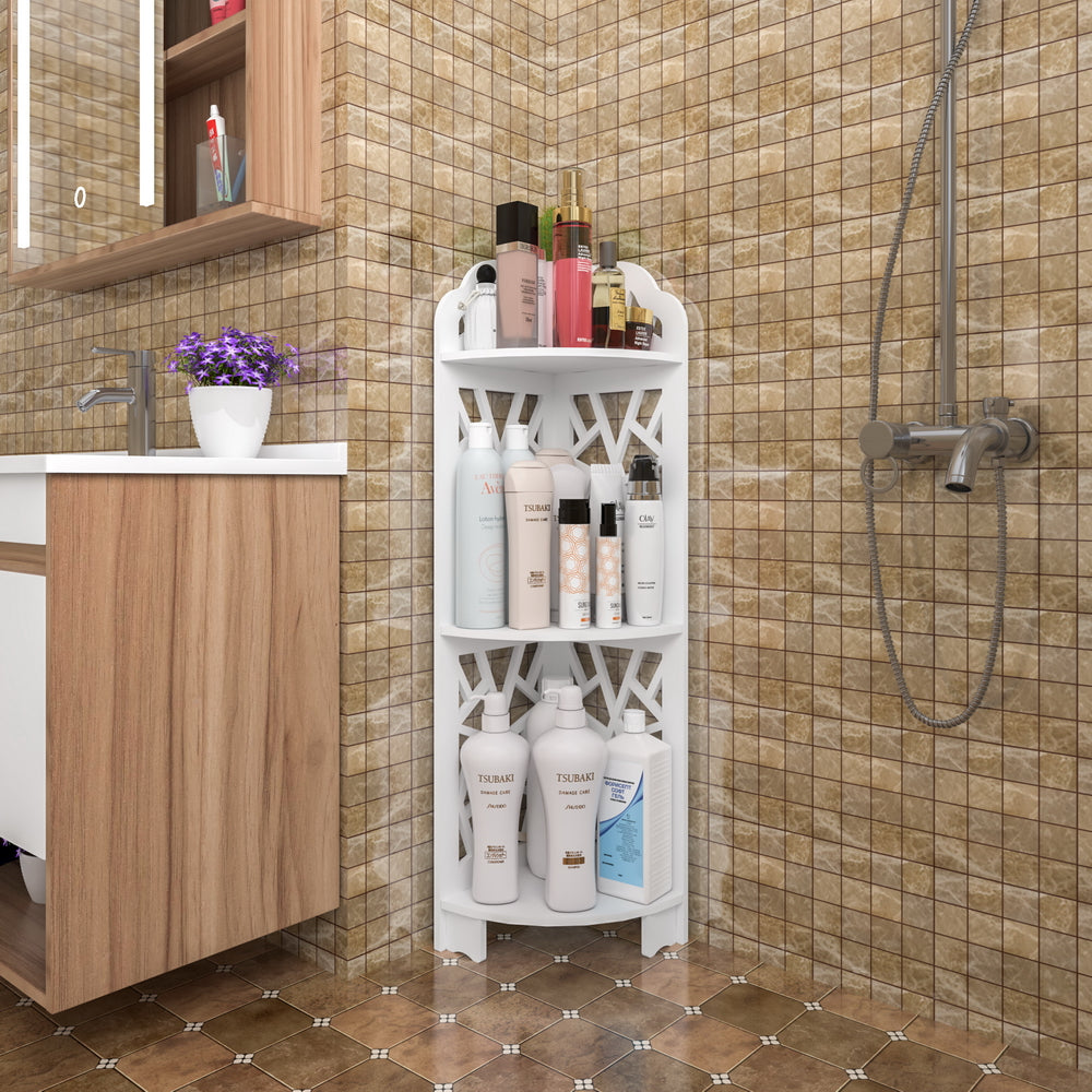4 Layer White Bathroom Shower Shelf Corner Organizer Shower Caddy with 4  Shelves, in White