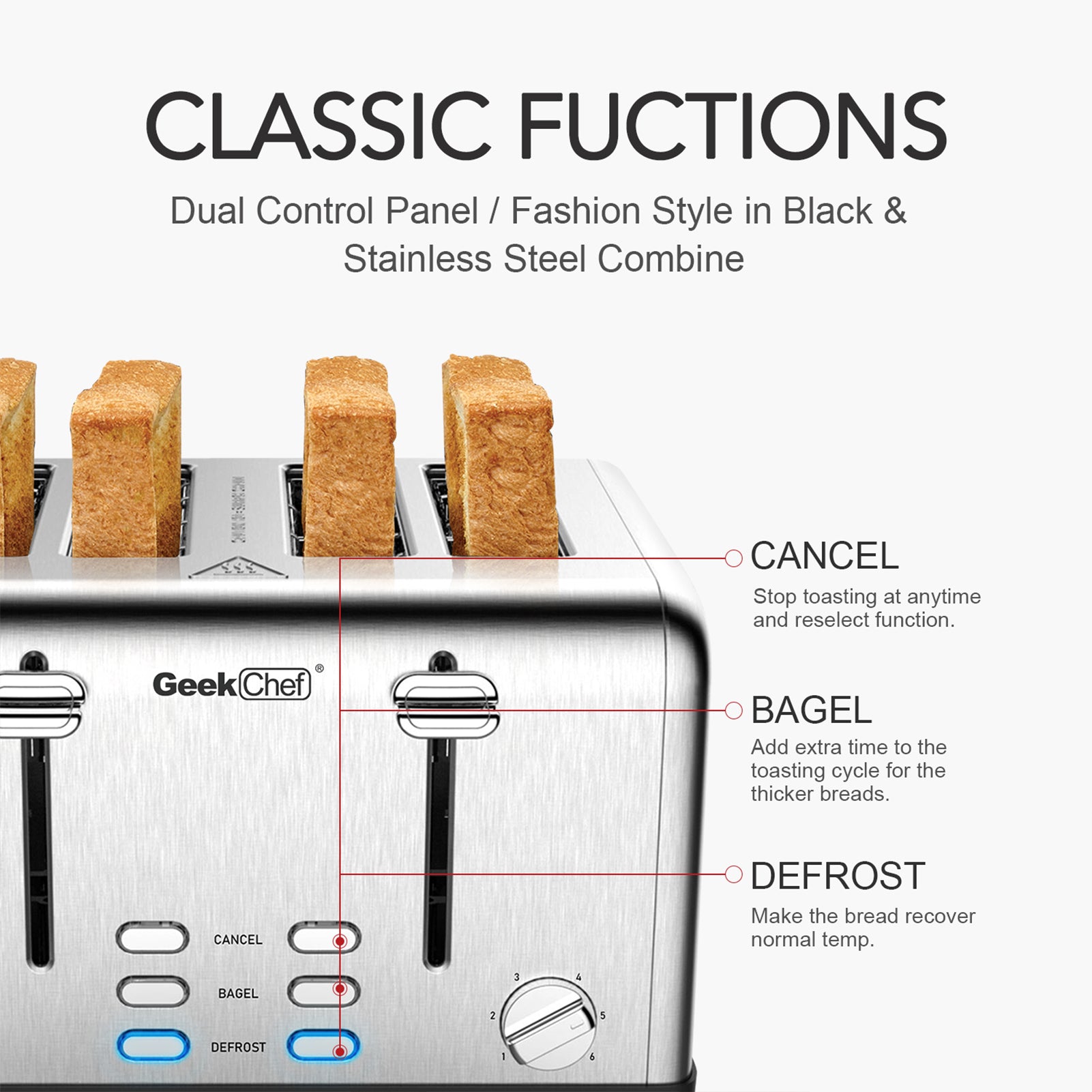 Toaster 4 Slice, Geek Chef Stainless Steel Extra-Wide Slot Toaster with Dual Control Panels of Bagel