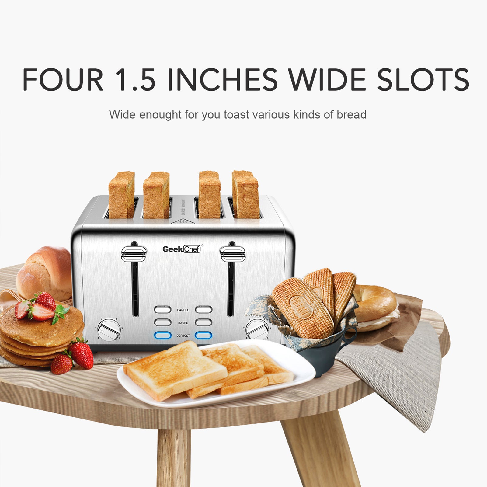 Toaster 4 Slice, Geek Chef Stainless Steel Extra-Wide Slot Toaster