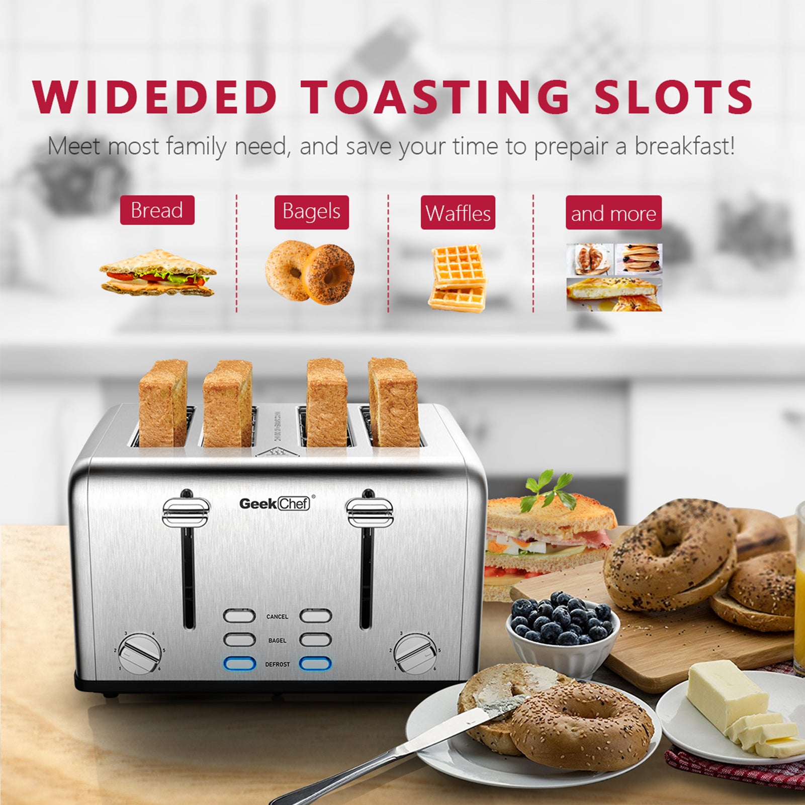 Toaster 4 Slice, Geek Chef Stainless Steel Extra-Wide Slot Toaster wit