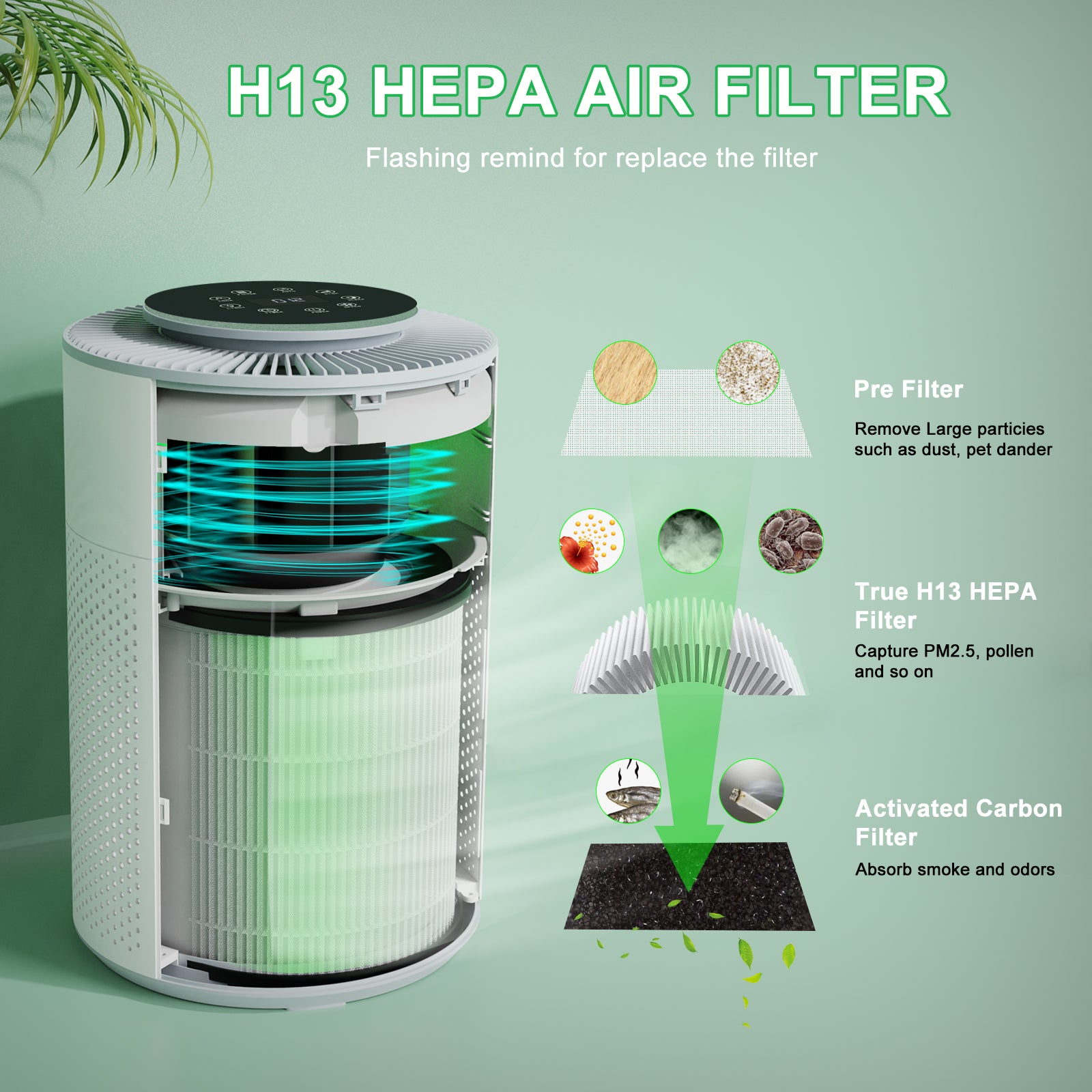 Air Purifier For Home Large Room H13 HEPA Air Cleaner Smoke Pet Odor  +3*Filters