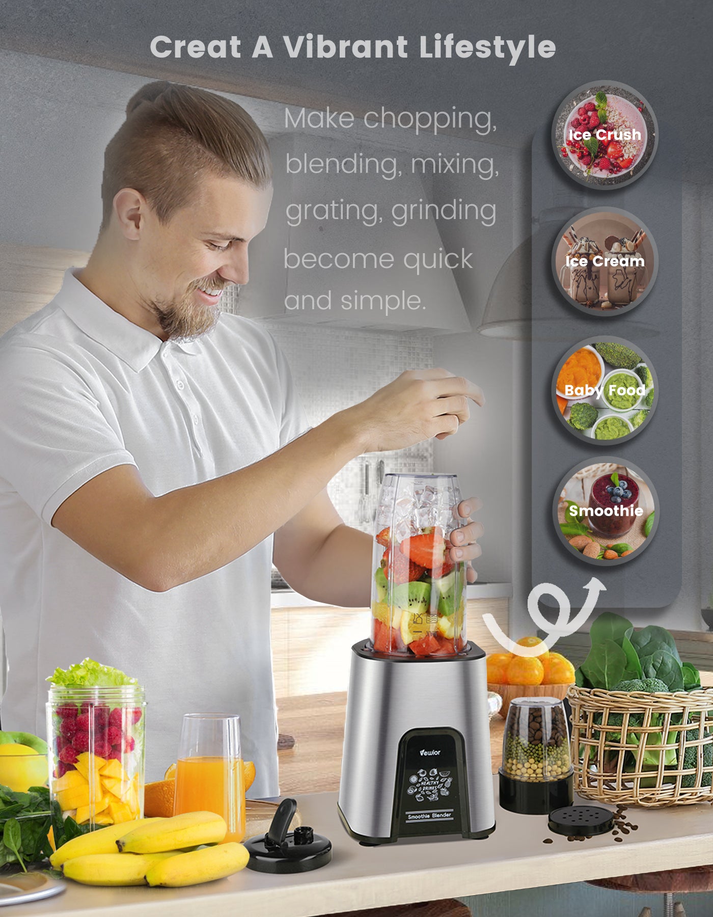 VEWIOR 1000W Personal Blender for Smoothies and Shakes, 11-Piece Set with  To-Go Cups and Lids