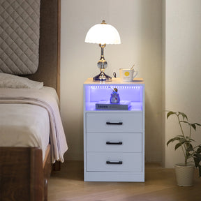 White Nightstand with Wireless Charging Station and LED Lights, Modern End Side Table with 3 Drawers