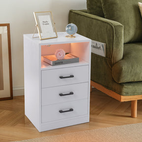 White Nightstand with Wireless Charging Station and LED Lights, Modern End Side Table with 3 Drawers