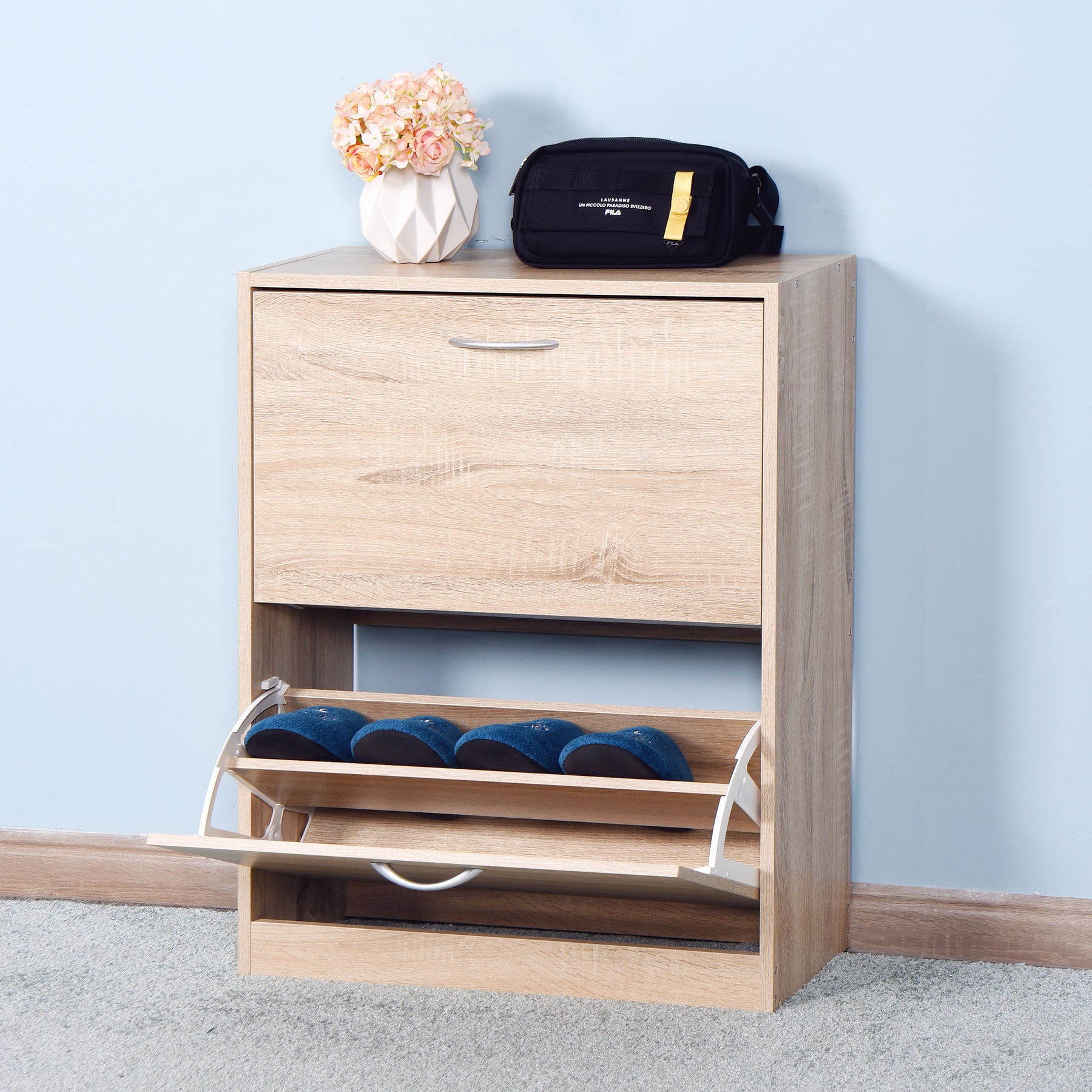 Entryway Shoe Storage Bench, Hallway Shoe Organizer with 2 Flip Drawers