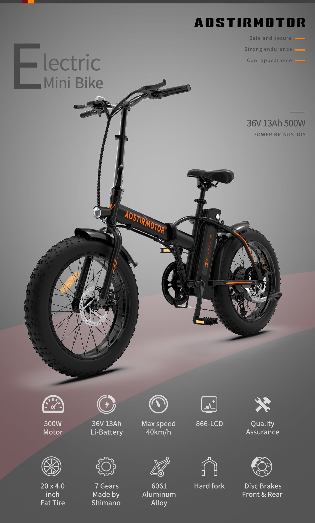 AOSTIRMOTOR Folding Electric Bicycle 500W Motor 20" Fat Tire With 36V/13Ah Li-Battery