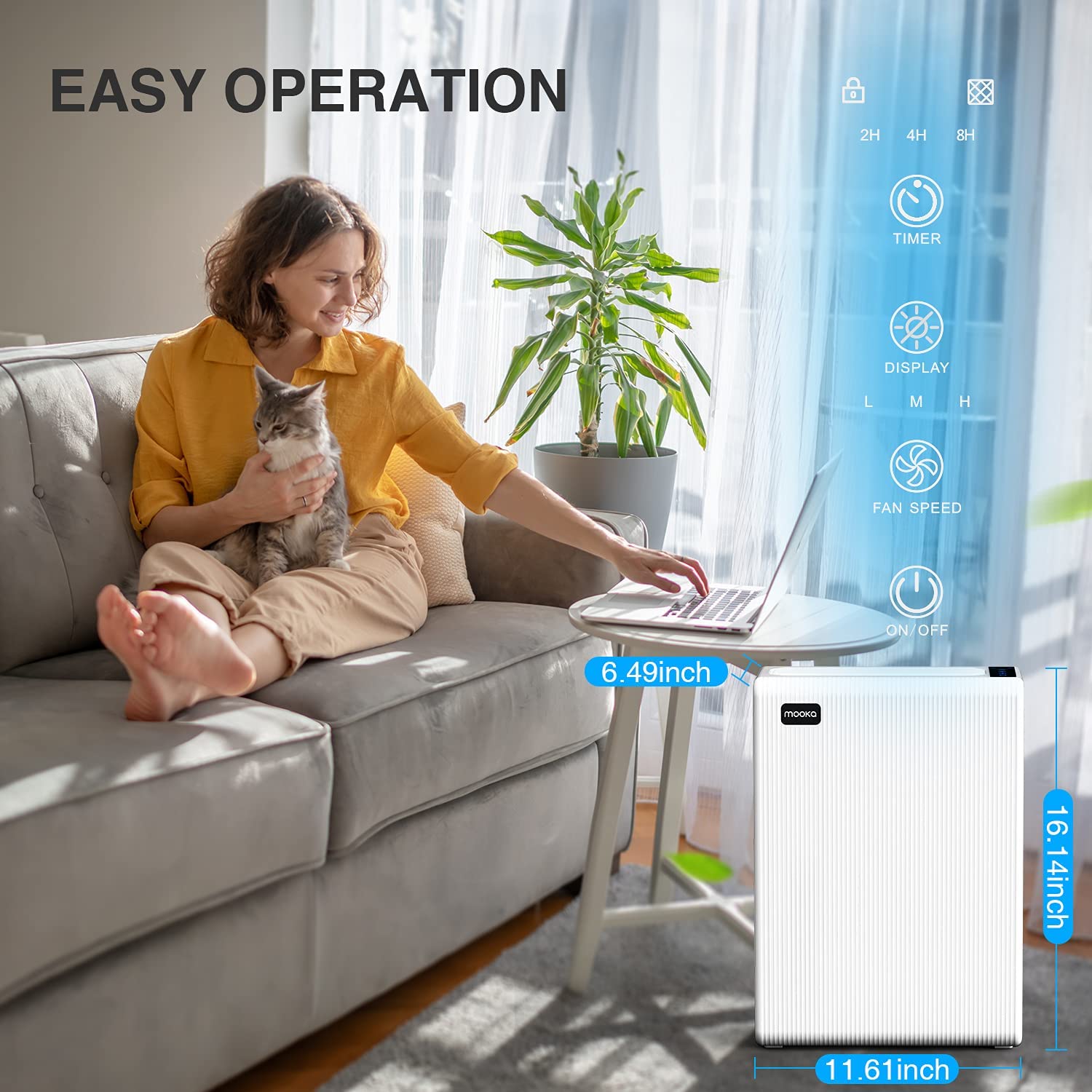 Air Purifiers for Home Large Room, MOOKA H13 True HEPA Filter Air Cleaner, 100% Ozone Free Quiet