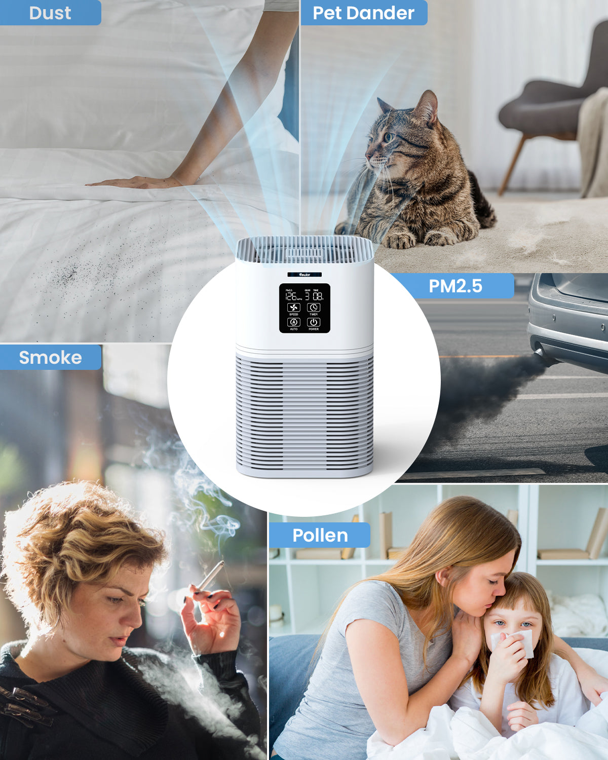 VEWIOR 2 in 1 Air Purifier with H13 Filters for Home Allergies Pets Hair Odor Eliminators