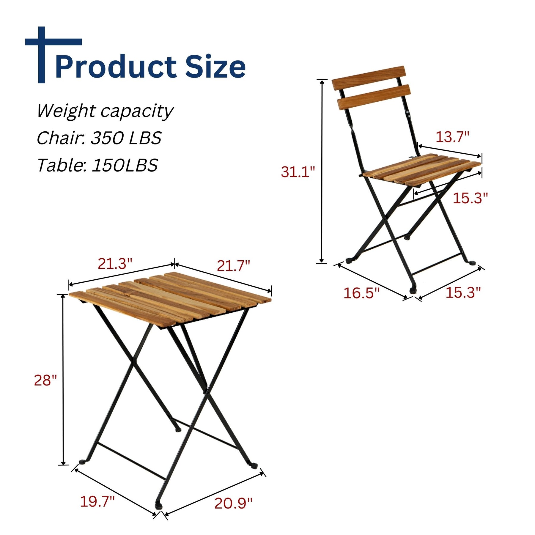 Solid Teak Wood Bistro Set Folding Table And Chair Set Power Coating Frame Patio Set With Waterproof Navy Cushion