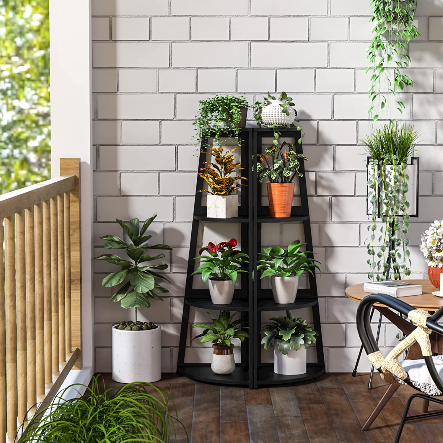 Corner Shelf with Metal Frame, Industrial 5-Tier Wall Corner Bookshelf  Stand Display Plant Flower, Bookcase