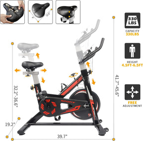 Exercise Stationary Bike 330 Lbs Weight Capacity, Spin Indoor Cycling Bike with LCD Monitor and Comfortable Seat Cushion