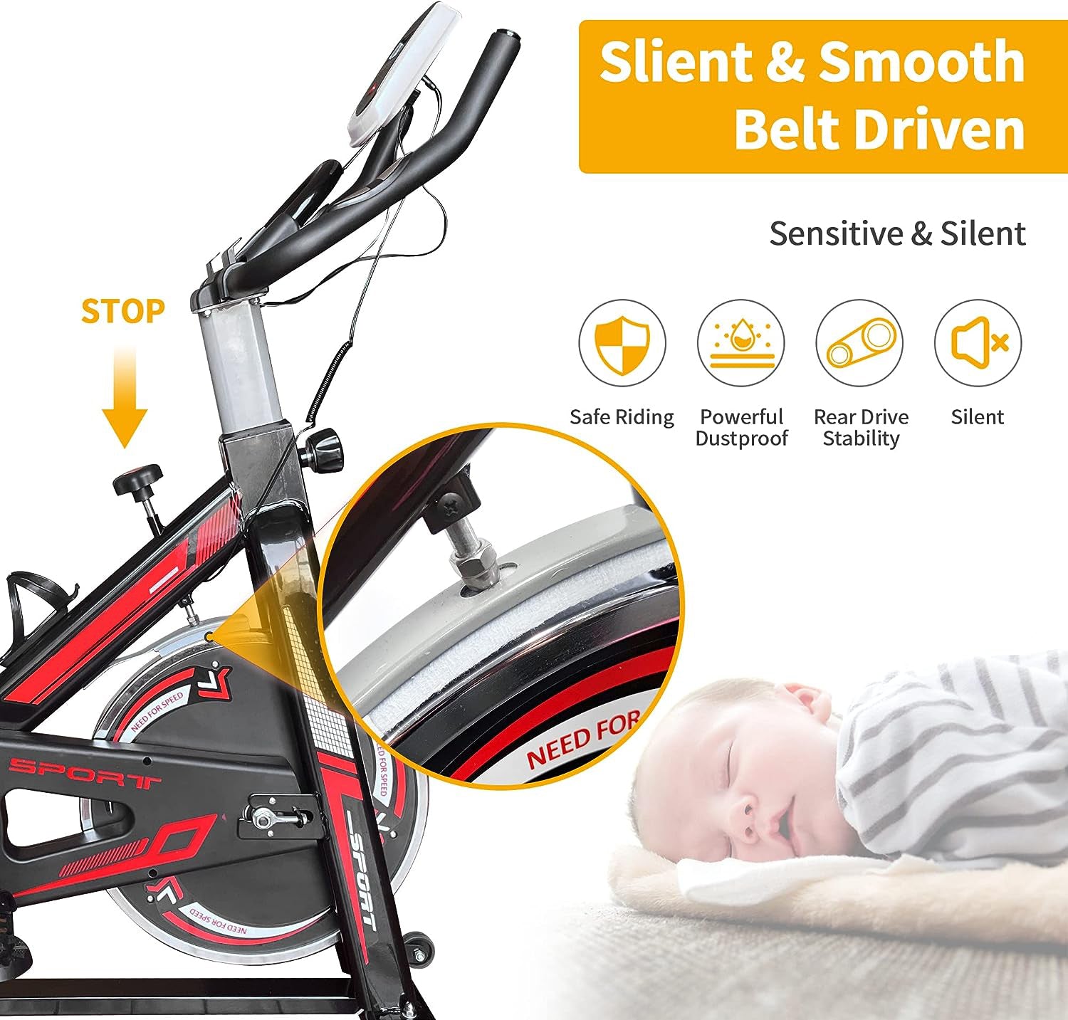 Exercise Stationary Bike 330 Lbs Weight Capacity, Spin Indoor Cycling Bike with LCD Monitor and Comfortable Seat Cushion