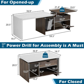 59" L Large Wood Coffee Table with Storage, Modern Extendable Transformer Table Lift Top Center Table for Living Room
