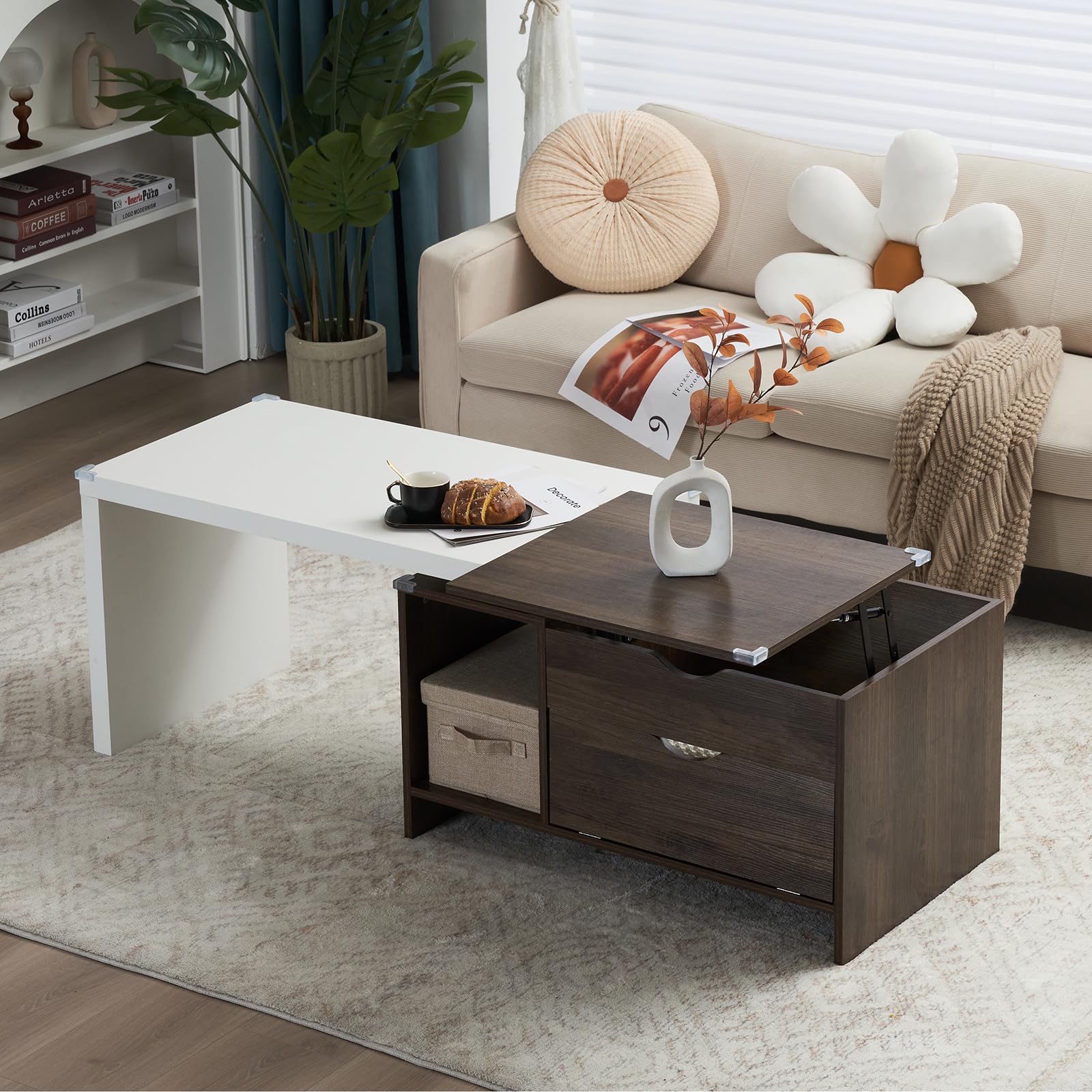 59" L Large Wood Coffee Table with Storage, Modern Extendable Transformer Table Lift Top Center Table for Living Room