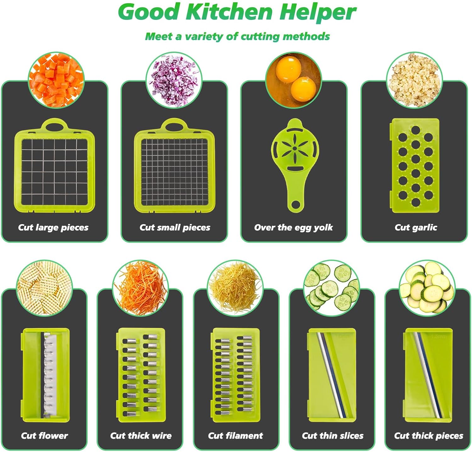 RAINBEAN Vegetable Chopper, 14 in 1 Mandoline Slicer Multi-Function Kitchen, 7 Replaceable Stainless Steel Vegetable Cutter with Egg Separator Hand Guard Julienne Grater for Onion Potato Fruit