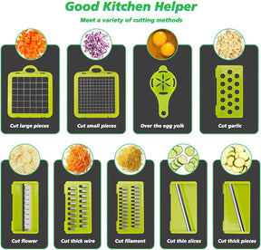 RAINBEAN Vegetable Chopper, 14 in 1 Mandoline Slicer Multi-Function Kitchen, 7 Replaceable Stainless Steel Vegetable Cutter with Egg Separator Hand Guard Julienne Grater for Onion Potato Fruit