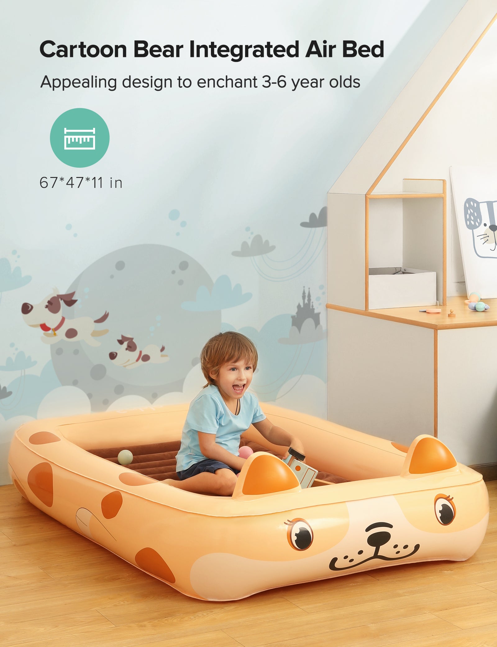 Sable Toddler Air Mattress, Cartoon Bear Integrated Air Bed Blow Up Kids Inflatable Bed