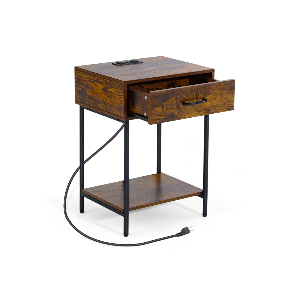 EVAJOY Nightstand with Charging Station, Rustic Wooden Side Table for Bedroom