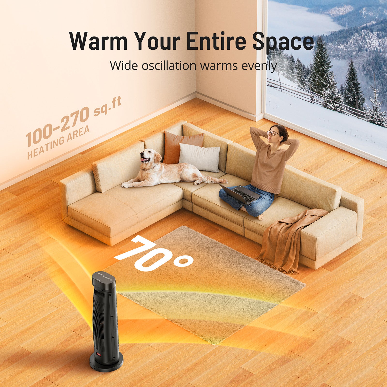 22” Tower Space Heater, 1500W Fast Ceramic Heating with 3 Adjustable Heat Levels