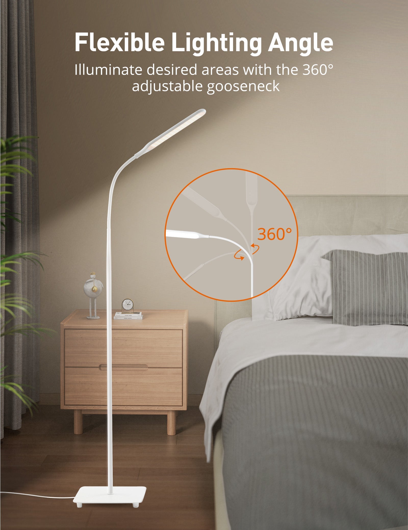 LED floor lamp with adjustable gooseneck, high adjustable pole