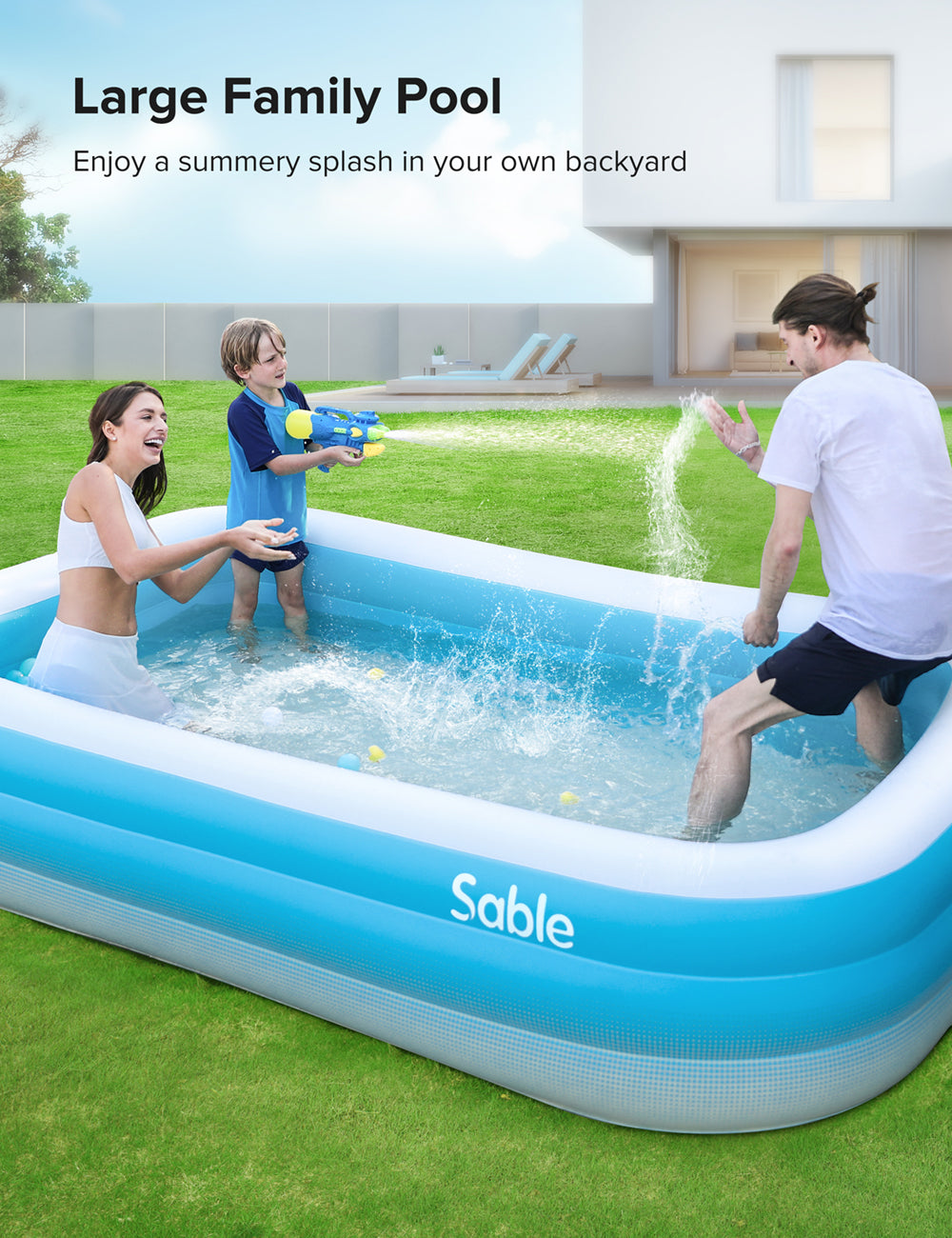 Sable Durable  Family Full-Sized Inflatable Pool 118" X 72" X 22" easy to set