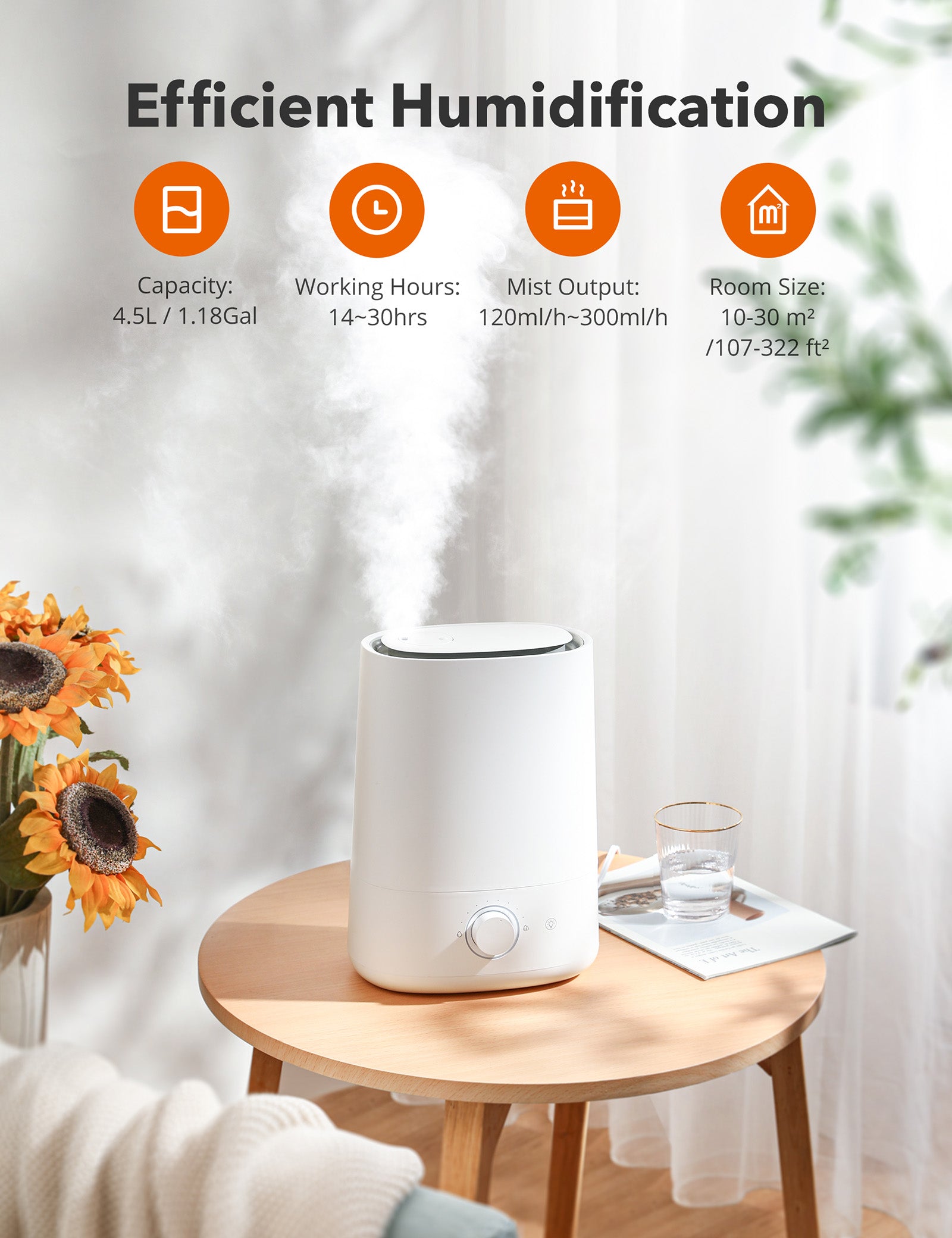  Cool Mist Humidifier, Ultrasonic Air Humidifiers for Bedroom  Babies Home, 4.5L Large Top Fill Desk Humidifiers with Three Mist Modes,  360° Nozzle, Auto Shut-Off, Lasts Up to 30 Hours, Super Quiet 