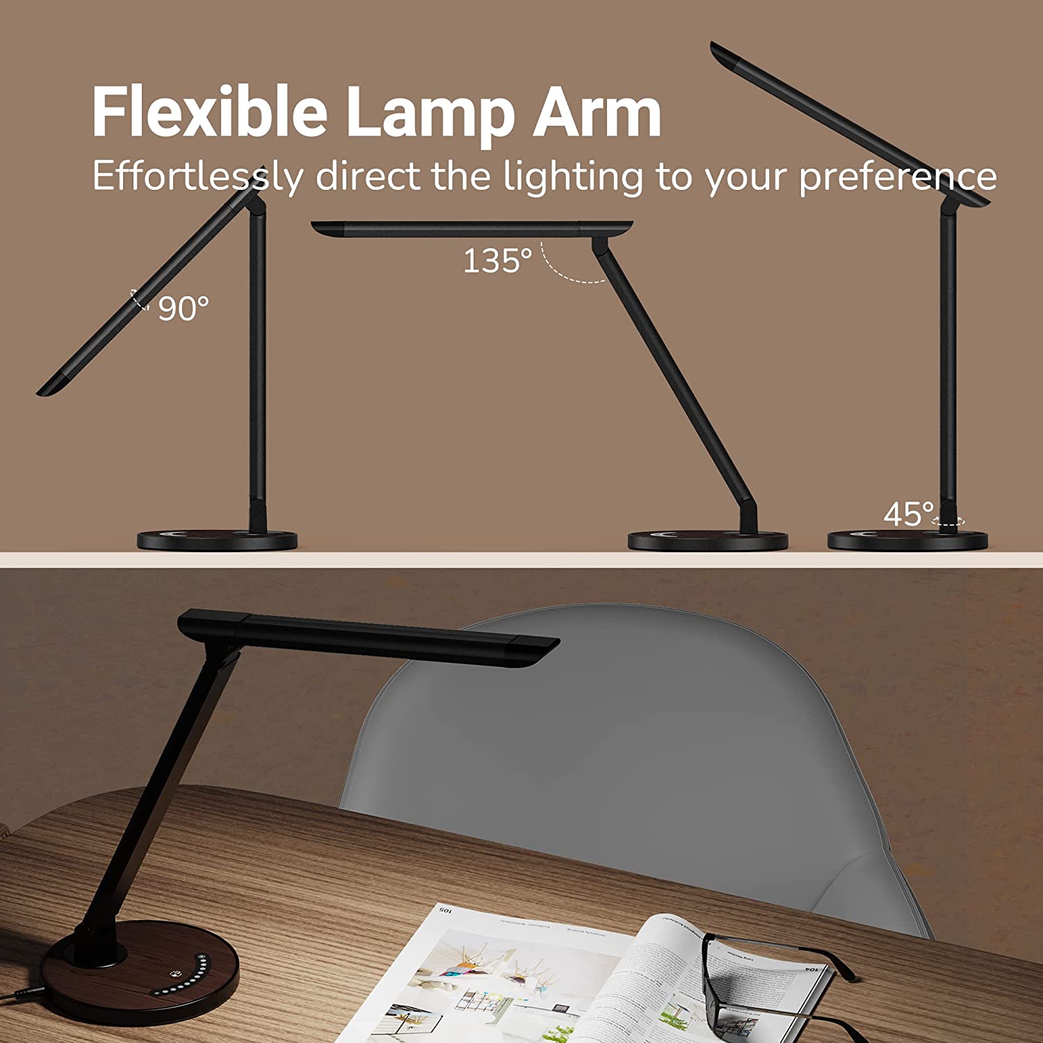 LED Desk Lamp 13, Eye-Caring Table Lamp with USB Charging Port, 5 Lighting Modes