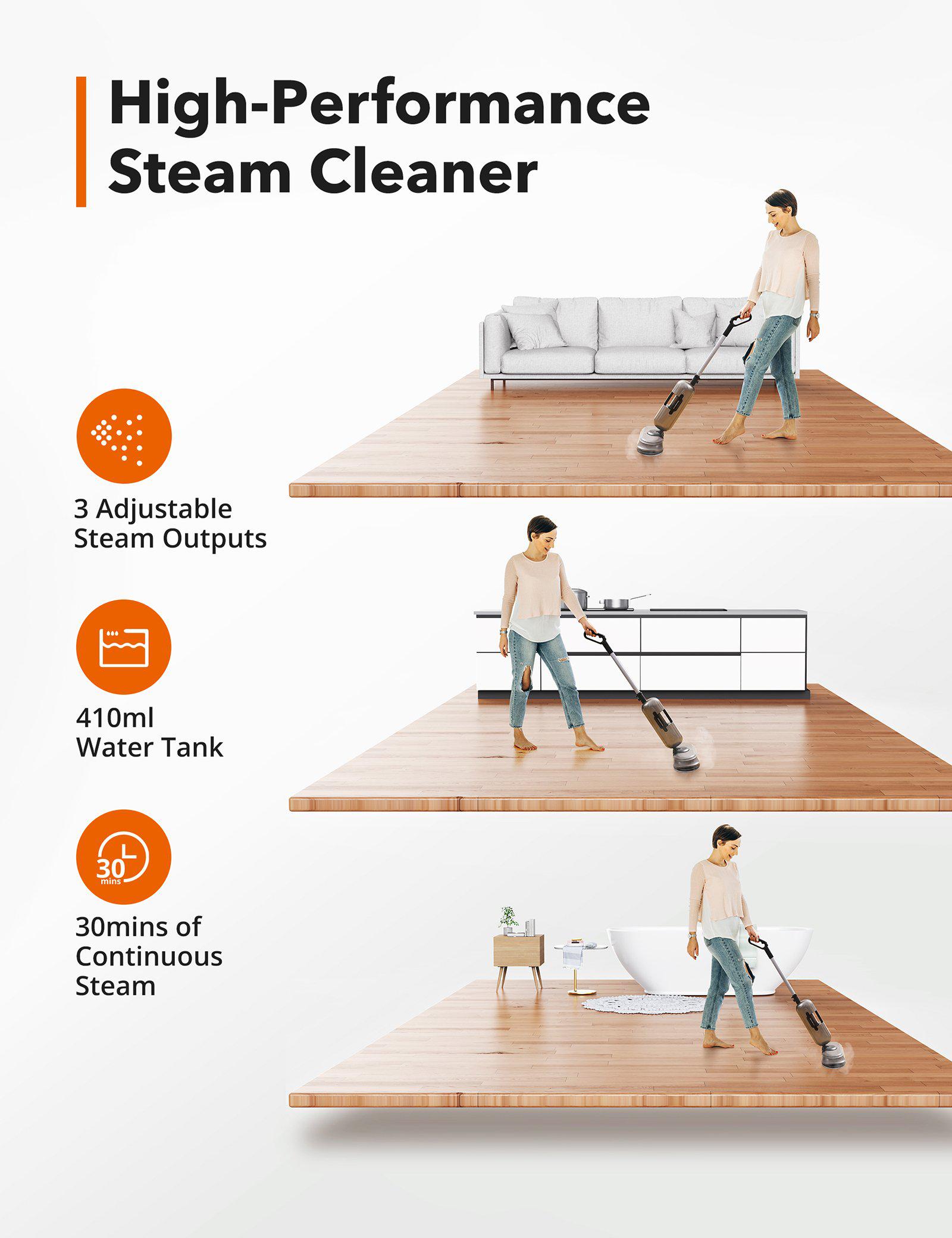 1100W Electric Spin & Steam Mop, 110℃/ 230℉Floor Steam Cleaner with 410ml Water Tank-TaoTronics US