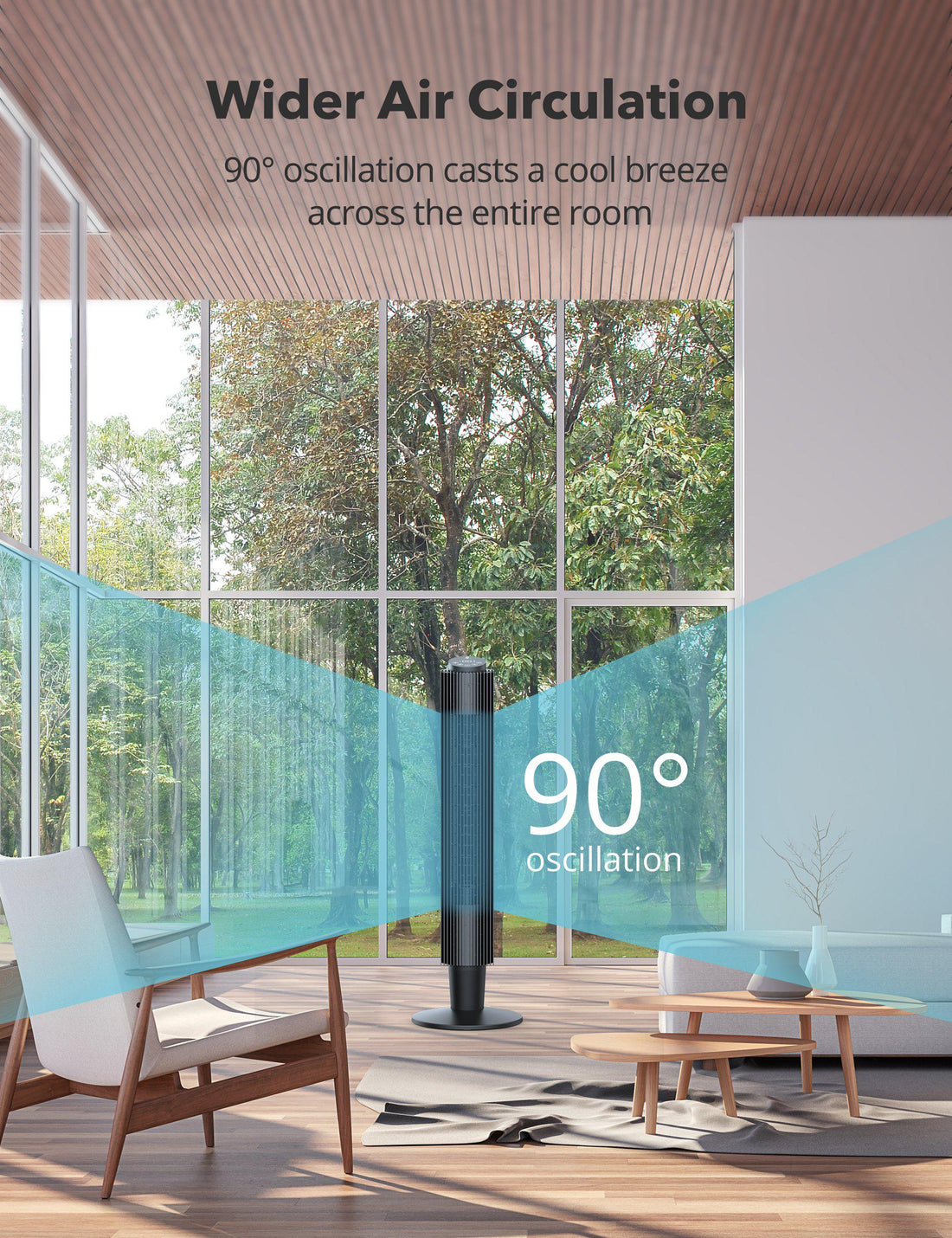 42” or 36” Height Adjustable, 90° Oscillating Tower Fan with 5 Fan