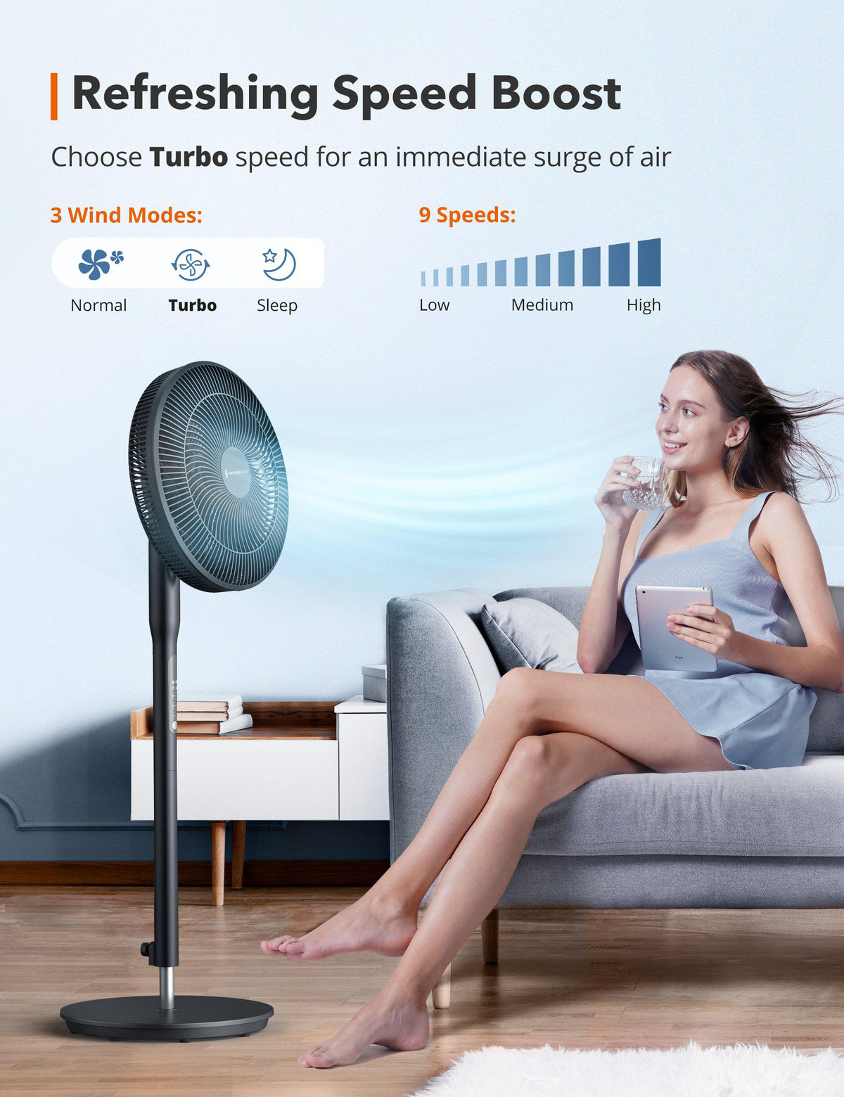 Pedestal Fan, Oscillating Standing Fan with Remote Control, Quiet 9 Speed Levels-TaoTronics